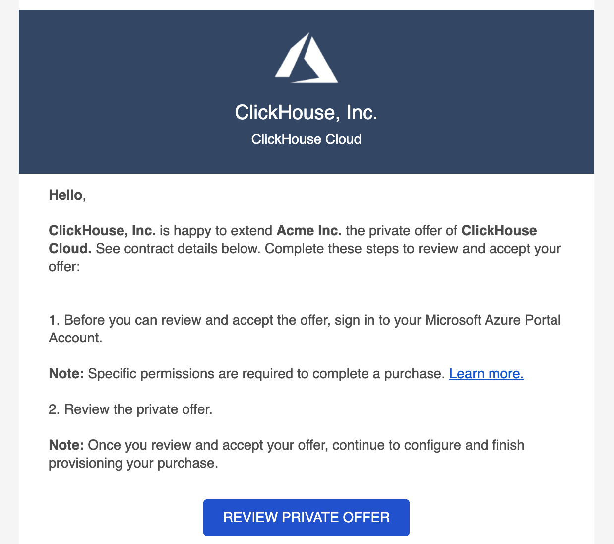 Электронное письмо частного предложения Azure Marketplace