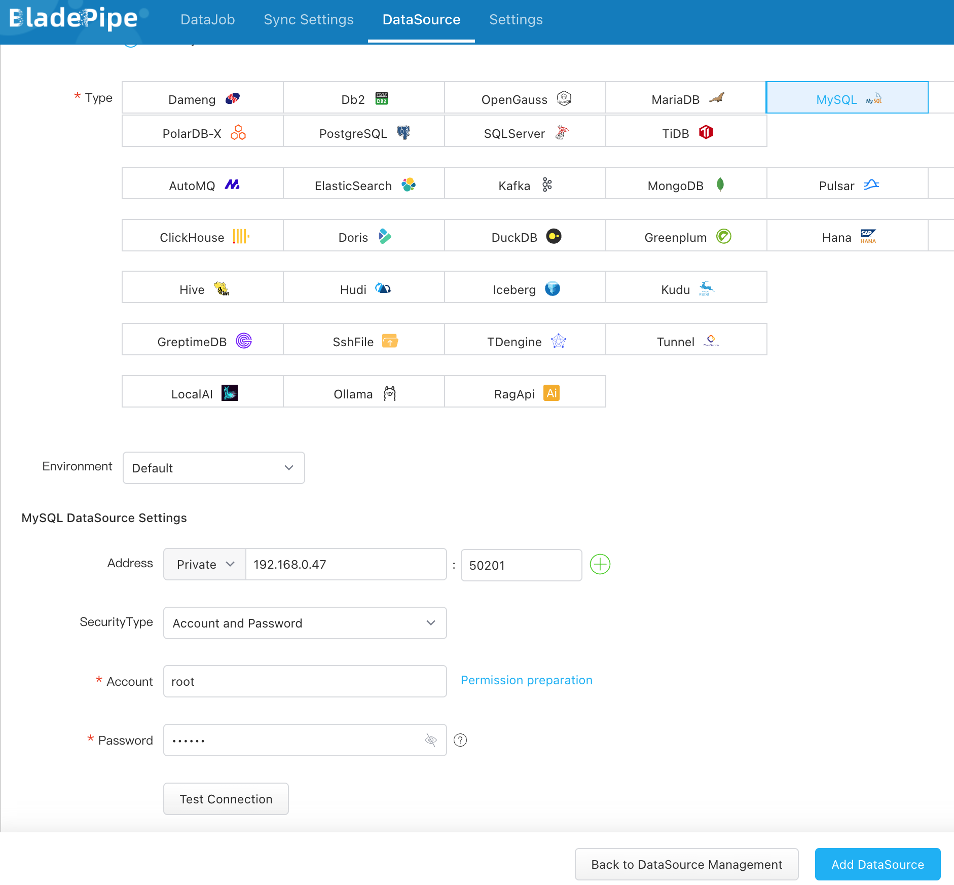 Добавить MySQL в качестве источника