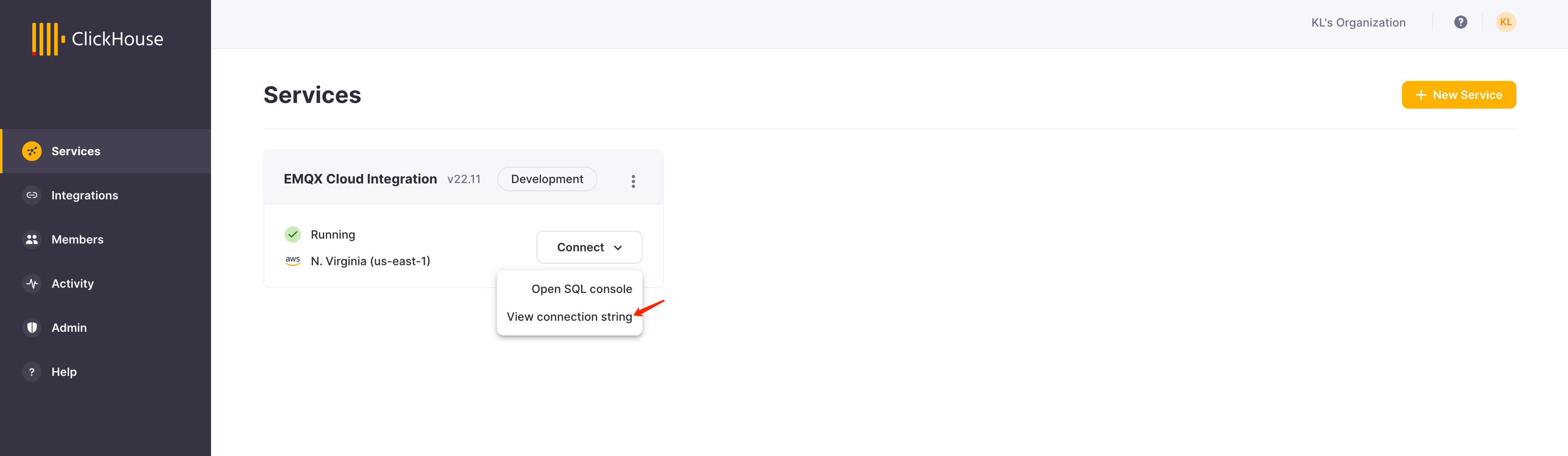Панель управления работающим экземпляром ClickHouse Cloud с опциями подключения