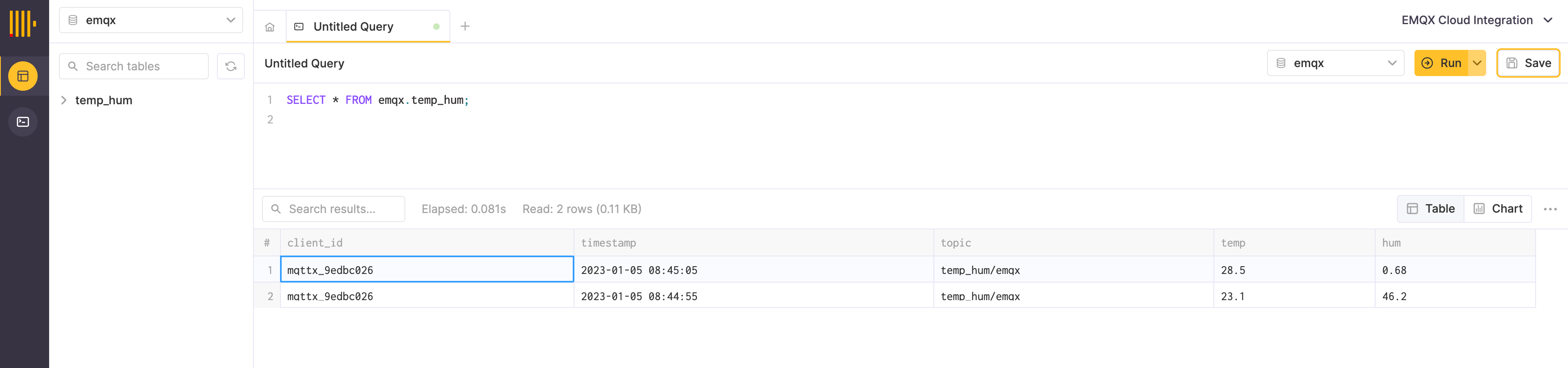 Результаты запроса ClickHouse, показывающие сохраненные IoT-данные