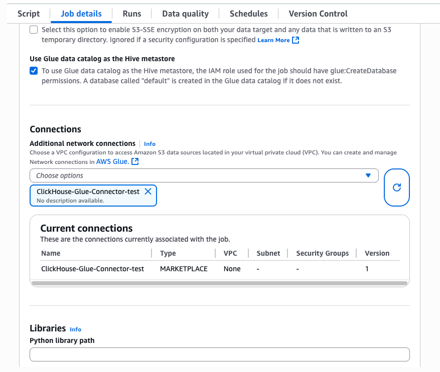 Настройки соединений Glue Notebook