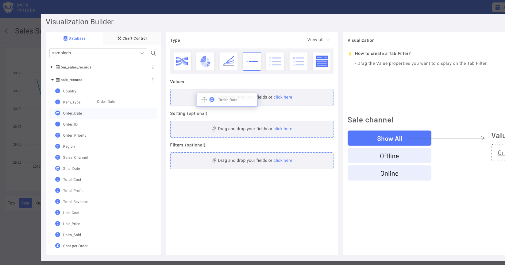 Date field selection interface in Rocket BI showing available date columns