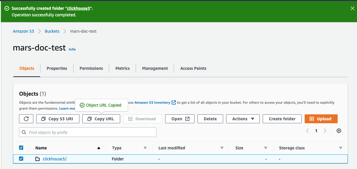 Копирование URL папки S3 для конфигурации ClickHouse