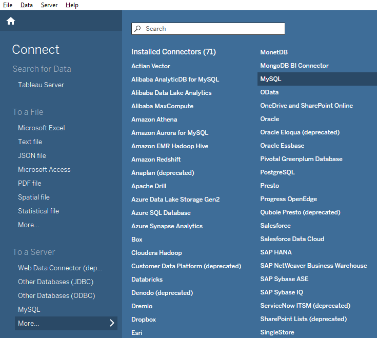 Интерфейс Tableau Desktop с меню Подключиться и выделенной опцией MySQL